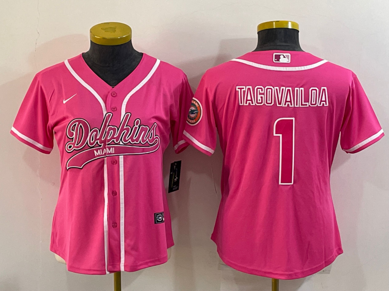 Women's Pink Miami Dolphins #1 Tua Tagovailoa With Patch Cool Base Stitched Baseball Jersey(Run Small)